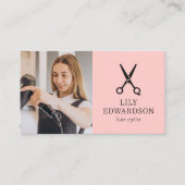 Carte De Visite Ciseaux Logo Photo QR Code Coiffeur Cheveux Rose (Devant)