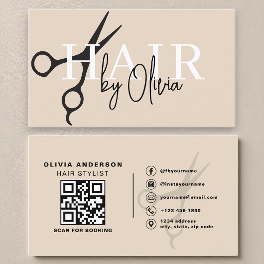 Carte De Visite Ciseaux neutres modernes QR Code Hair Styliste