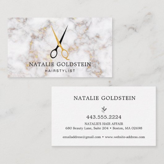 Carte De Visite Ciseaux noir et or en marbre coiffeuse (Devant / Derrière)