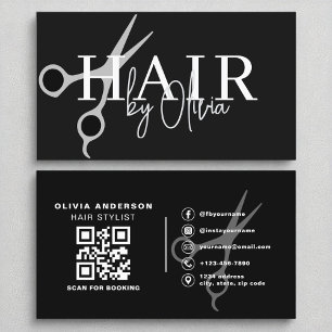 Carte De Visite Ciseaux noirs en argent moderne QR Code Hair Styli