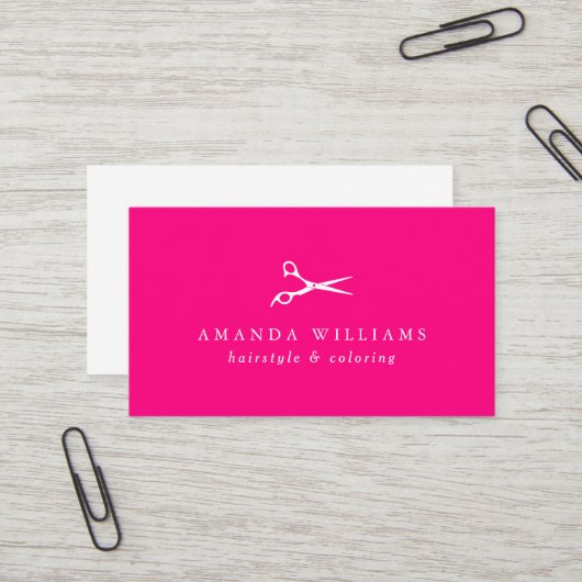 Carte De Visite Ciseaux rose chaud vibrant Coiffeur (Devant/Arrière en situation)