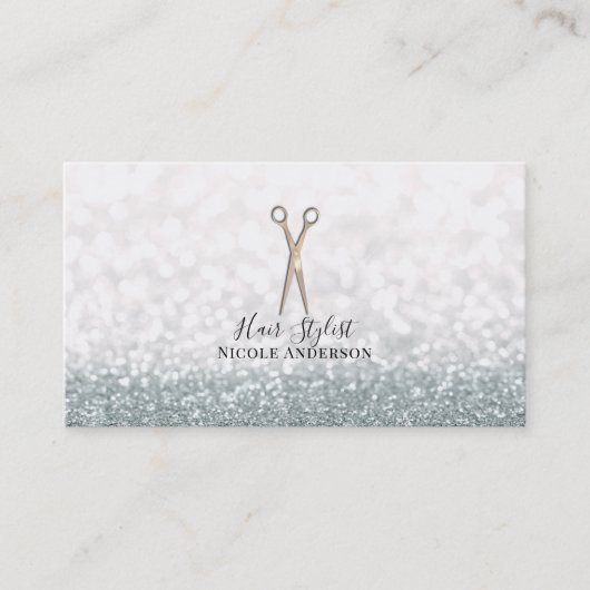 Carte De Visite Ciseaux Rose Gold Coiffeur Paillettes Blanches (Devant)