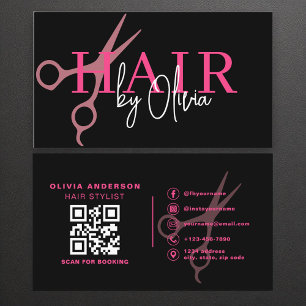 Carte De Visite Ciseaux roses noirs modernes QR Code Hair Styliste