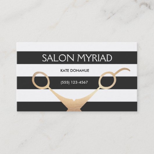 Carte De Visite Ciseaux Salon des cheveux rayés noir et blanc (Devant)