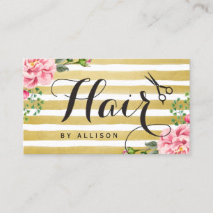 Carte De Visite Ciseaux Styliste Cheveux Script Floral Gold Strié