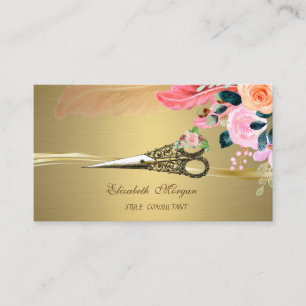 Carte De Visite Ciseaux Vintage Fleurs Plume Faux Or