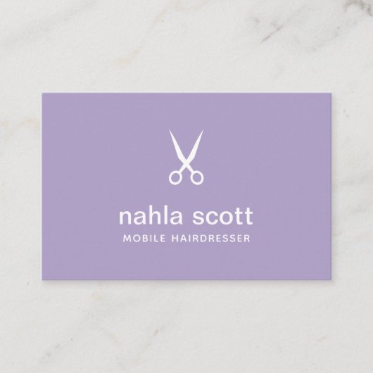 Carte De Visite Ciseaux violets pour coiffeur mobile Royaume-Uni/E (Devant)