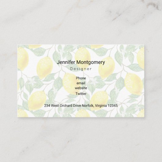 Carte De Visite Citrons jaunes avec Motif Feuille vert (Dos)