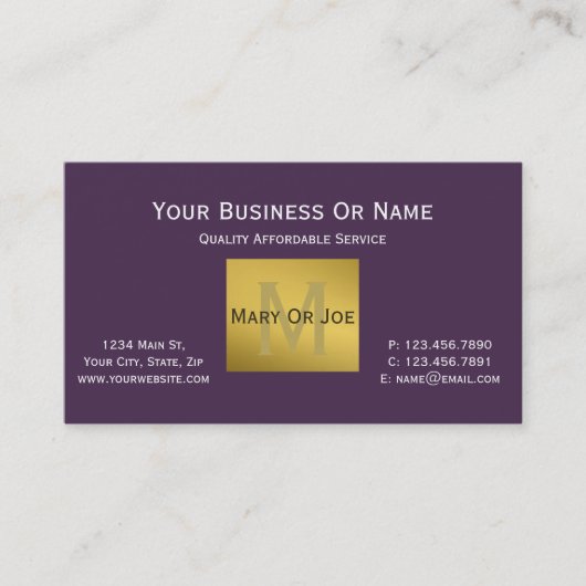 Carte De Visite Clair Acai Violet Pourpre Blanc Texte Or Monogramm (Devant)