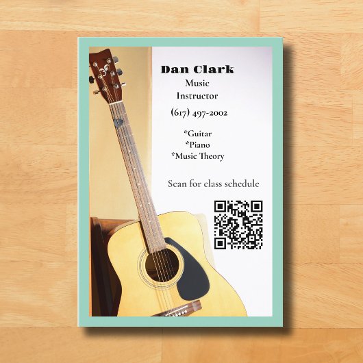 Carte De Visite Clair Turquoise QR Code Music Enseignant Guitare a