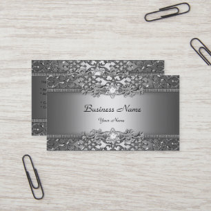 Carte De Visite Classe Élégant Gris Argent Damassé Aspect Embossé