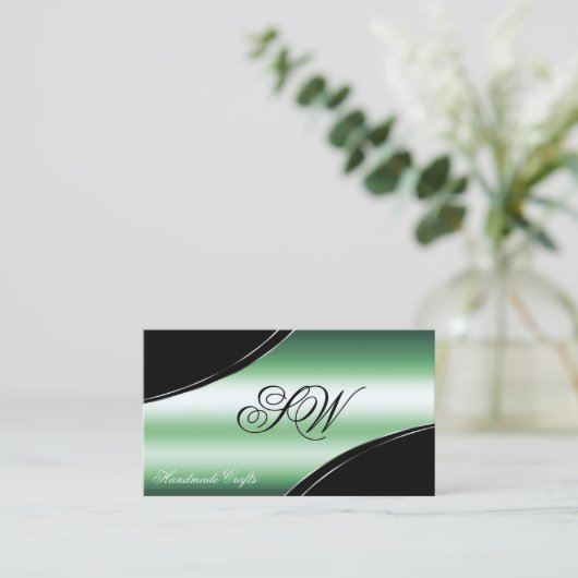 Carte De Visite Classé Noir Lignes Courbées Vert Monogramme QR Cod (Debout devant)