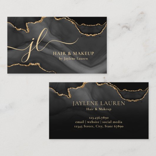 Carte De Visite Classé Noir Marbre Or Agate Monogramme Script (Devant / Derrière)