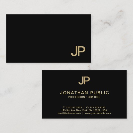 Carte De Visite Classé Plain Moderne Noir Monogramme Or Luxe (Devant / Derrière)