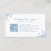 Carte De Visite Classic Français Bleu Floral Crest Monogramme QR C (Dos)