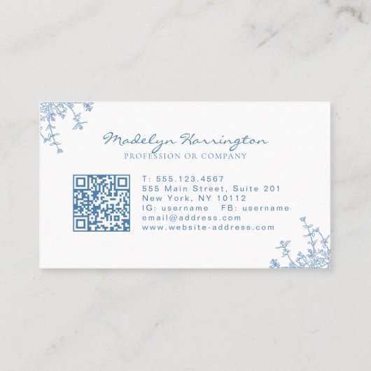 Carte De Visite Classic Français Bleu Floral Crest Monogramme QR C (Dos)