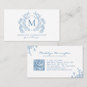 Carte De Visite Classic Français Bleu Floral Crest Monogramme QR C