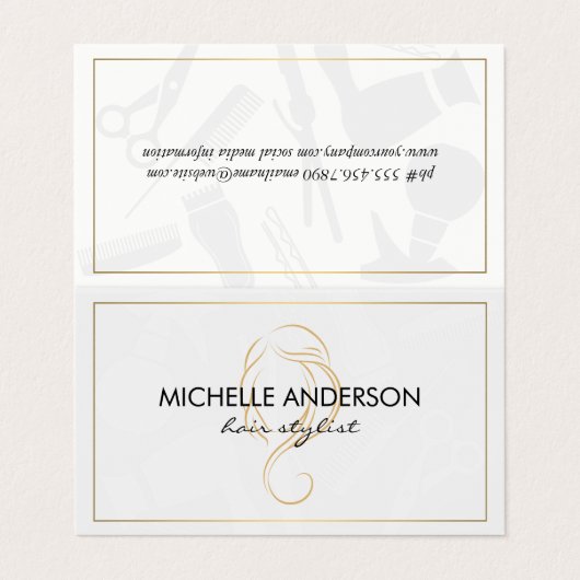 Carte De Visite Classic Gold Border Hair Stylist (Extérieur déplié)