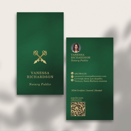 Carte De Visite Classic Green Crossed Pens Notaire QR Code