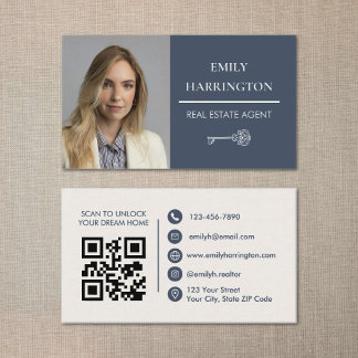 Carte De Visite Classic Key QR Code Gray Real Estate Agent
