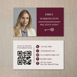 Carte De Visite Classic Key QR Code Maroon Real Estate Agent