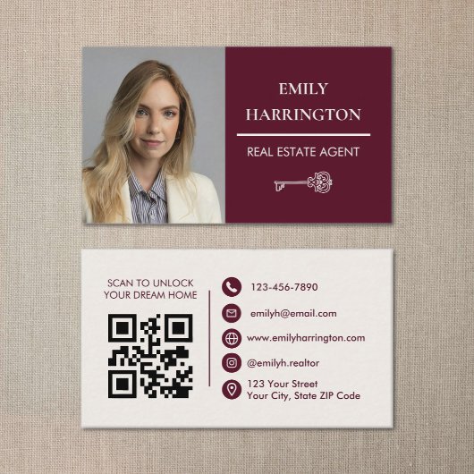 Carte De Visite Classic Key QR Code Maroon Real Estate Agent