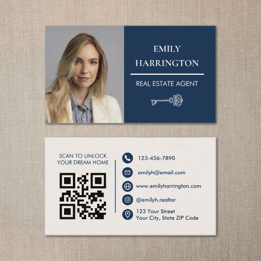 Carte De Visite Classic Key QR Code Navy Real Estate Agent