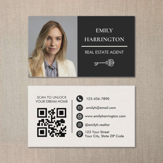 Carte De Visite Classic Key QR Code Neutral Real Estate Agent