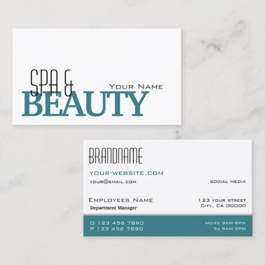 Carte De Visite Classique Blanc Turquoise Design Simple et profess (Devant / Derrière)