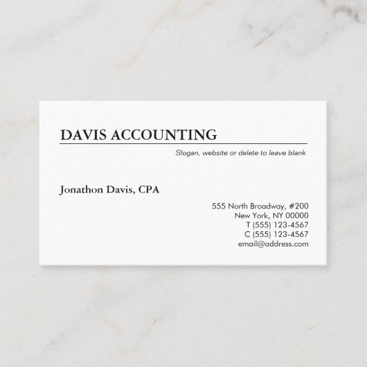 Carte De Visite Classique Simple Professionnel Blanc (Devant)