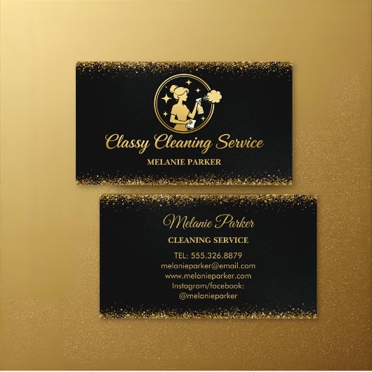Carte De Visite Classy Cleaning Services Logo Maid gold