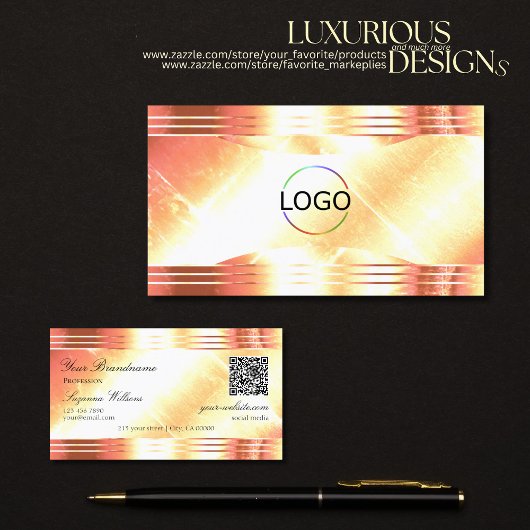 Carte De Visite Classy Shimmery Rose Gold Logo QR Code Luxueux