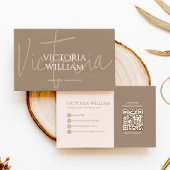 Carte De Visite Classy Soft Neutral Beige Script QR Code