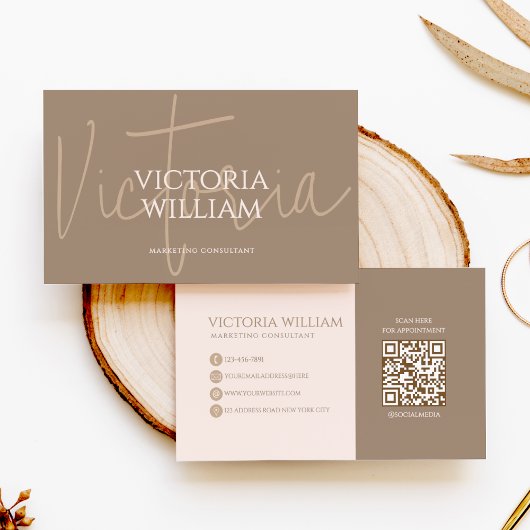 Carte De Visite Classy Soft Neutral Beige Script QR Code