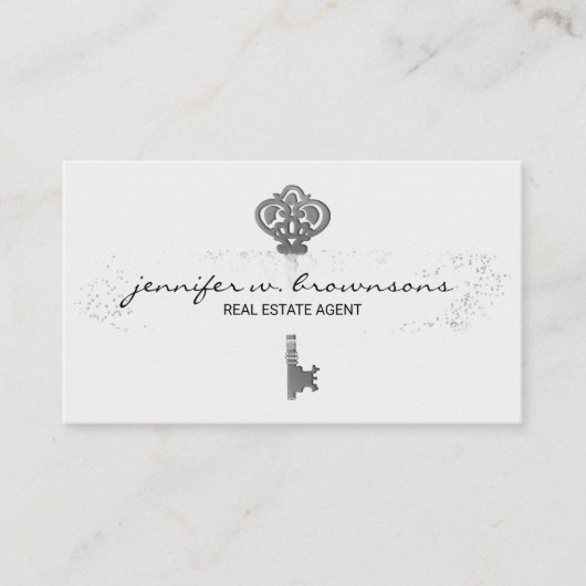 Carte De Visite Clé dorée rétro immobilier argent (Devant)