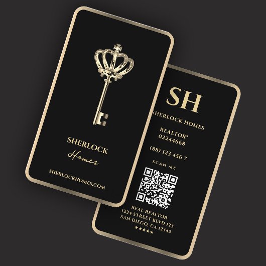 Carte De Visite Clé Realtor Couronne Black Faux Gold Trim