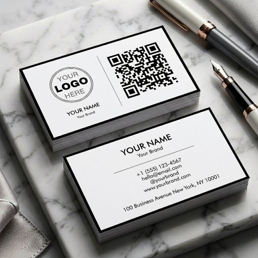 Carte De Visite Clean Black White Minimalist QR Code Logo