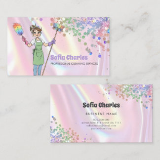 Carte De Visite Cleaning Lady Maid Holographic Glitter Pink