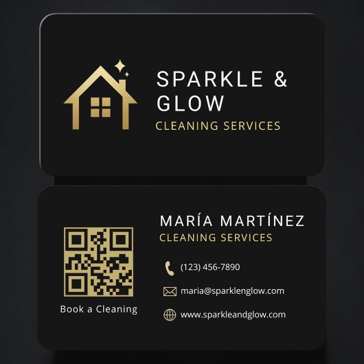 Carte De Visite Cleaning Services Black Gold QR Code Professional