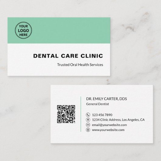 Carte De Visite Clinique dentaire Logo de dentiste Code QR Vert do (Devant / Derrière)