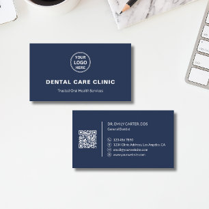 Carte De Visite Clinique dentaire Logo personnalisé QR Bleu marine