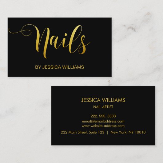 Carte De Visite Clou Salon Gold Script Élégant Noir (Devant / Derrière)