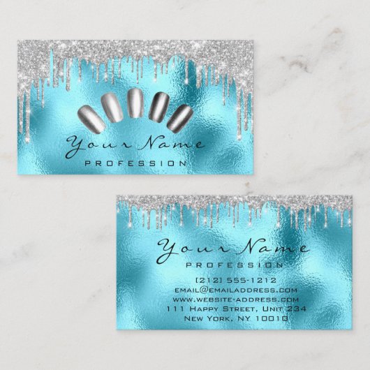 Carte De Visite Clous Art Parties scintillant Bleu Argent Gris Man (Devant / Derrière)