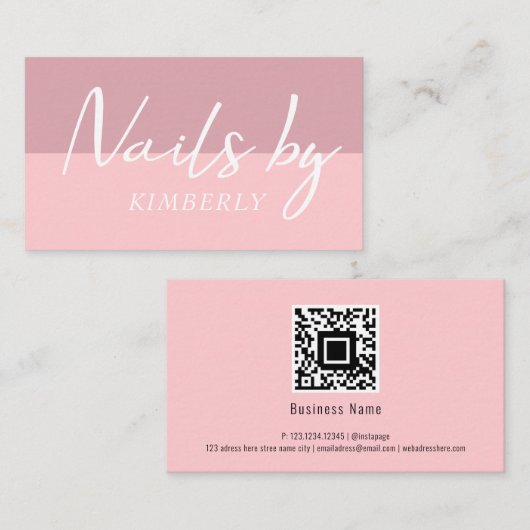 Carte De Visite Clous de code QR personnalisés Art rose violet min (Devant / Derrière)