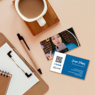 Carte De Visite Cobalt Blue QR Code Photo Médias sociaux Icônes