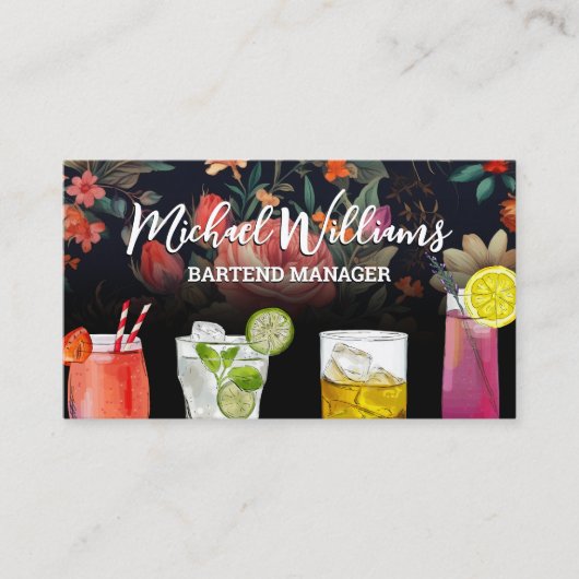 Carte De Visite Cocktail Mix Boissons | Arrière - plan floral (Devant)