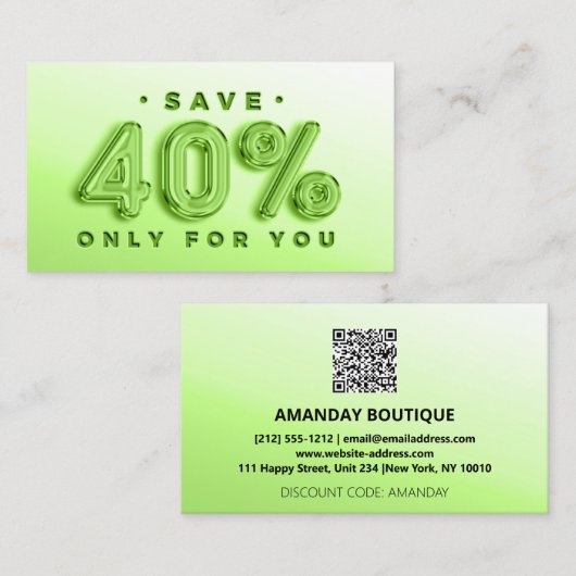 CARTE DE VISITE CODE QR 40%HORS RÉDUCTION PROMOTIONNELLE VERT (Devant / Derrière)