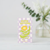 Carte De Visite Code QR à carreaux fleuris violet et vert Rétro Gr (Debout devant)