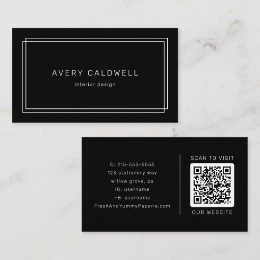 Carte De Visite Code QR à double cadre noir moderne AVERY (Devant / Derrière)