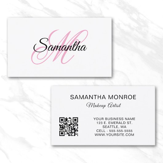 Carte De Visite Code QR à monogramme fantaisie rose